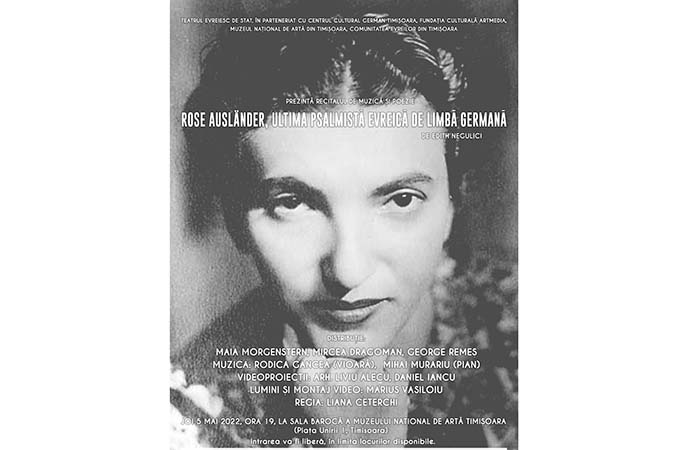 „Rose Ausländer, ultima psalmistă evreică de limbă germană”, recital de muzică și poezie la Timișoara